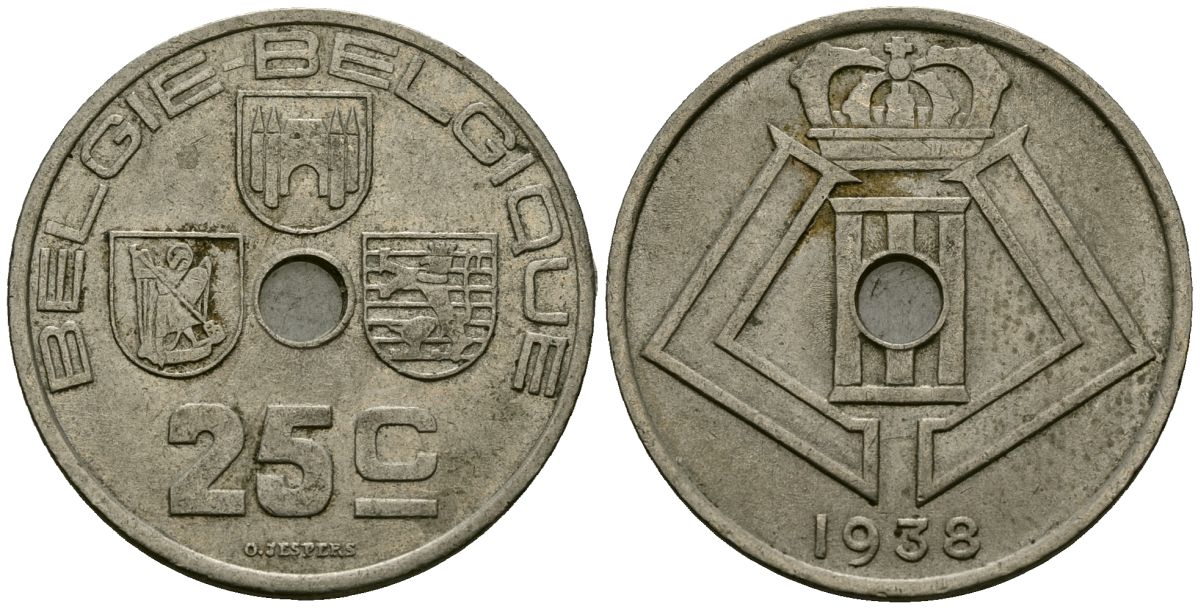 Бельгия 25 сантимов 1938 BELGIE - BELGIQUE KM 115 никель латунь 4172-127
