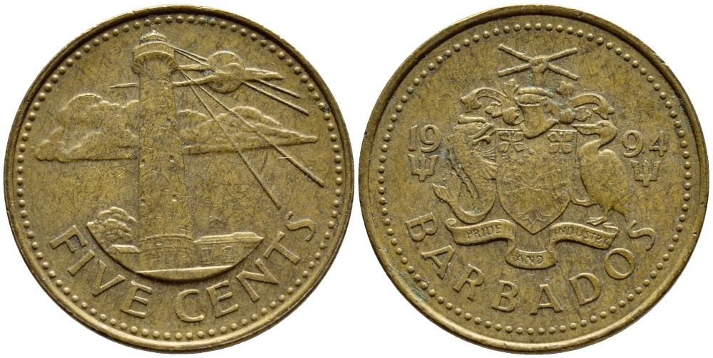 Барбадос 5 центов 1994 маяк Саут-Пойнт KM 11 латунь 4398-545