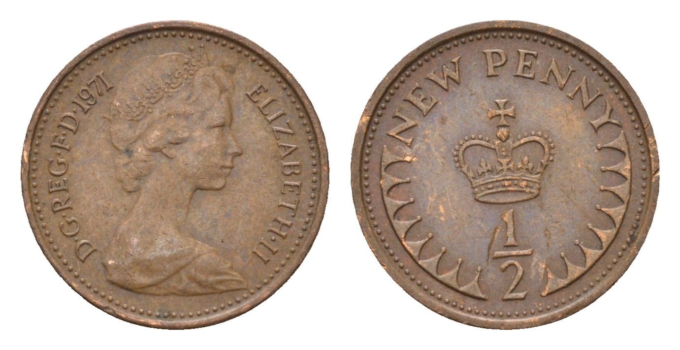 Великобритания 1/2 пенни 1971 Елизавета II (1952-2022) KM 914, Spink 4239 бронза 4697-857