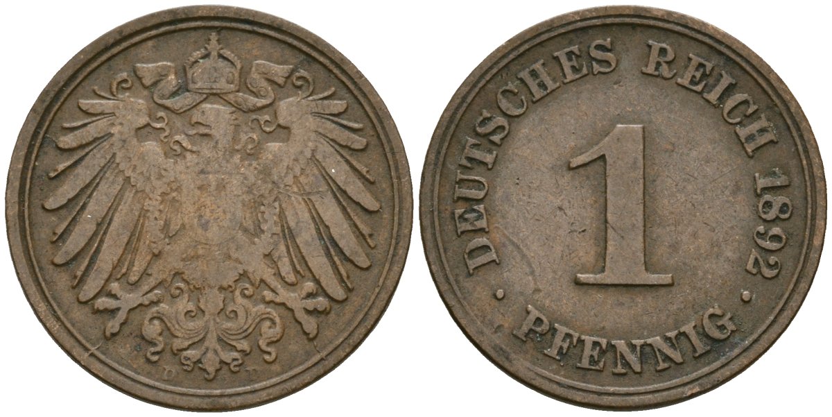 Германия 1 пфенниг 1892 D, Вильгельм II (1888-1918) KM 10, J. 10 медь 4608-127
