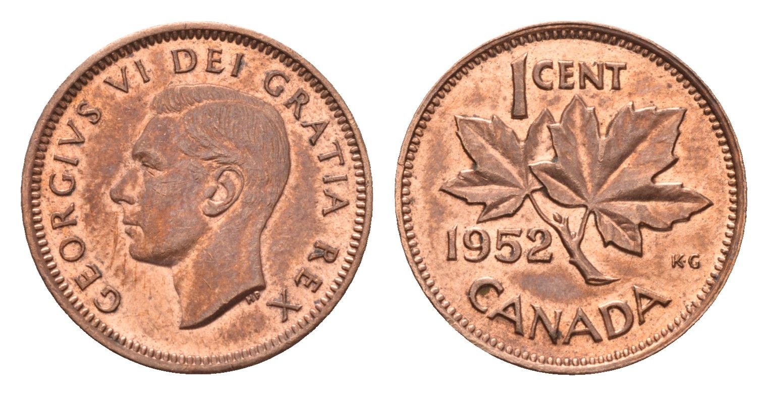 Канада 1 цент 1952 Георг VI (1936-1952), кленовый лист KM 41 бронза UNC 75-1621