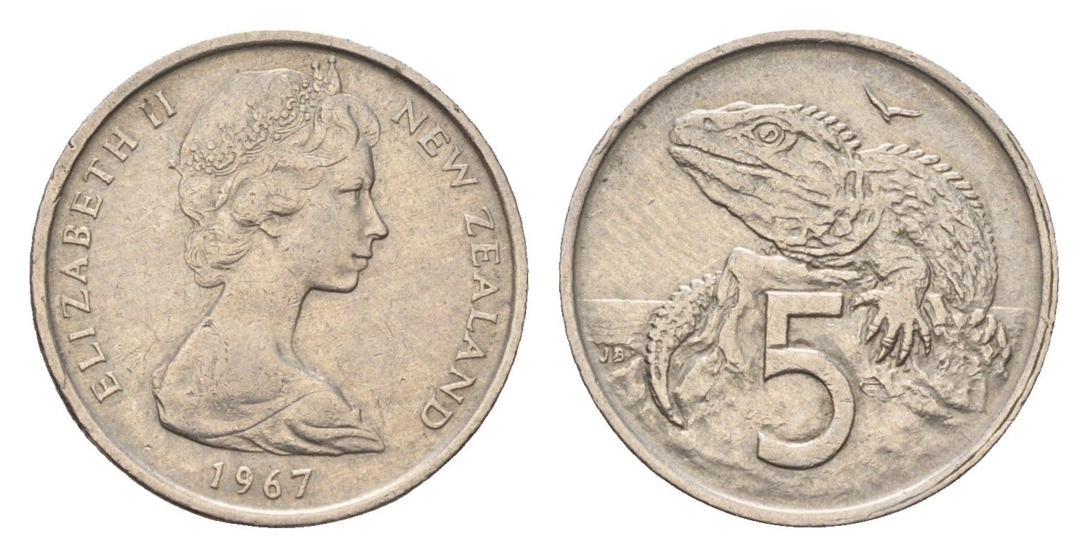 Новая Зеландия 5 центов 1967 Елизавета II (1952-2022), ящерица гаттерия KM 34 медно-никель 4655-237