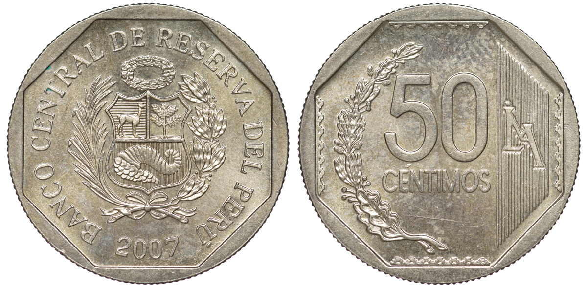 Перу 50 сентимо 2007 KM 307.4 медно-никель aUNC 4605-334