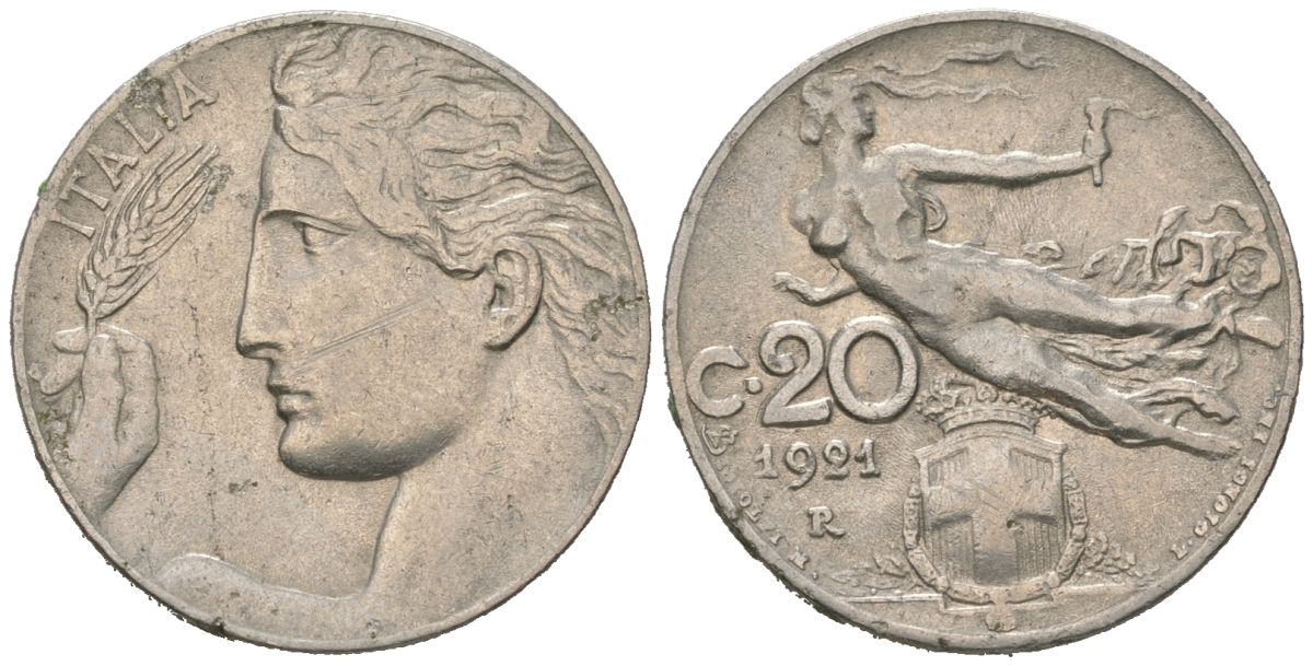 Италия 20 чентезимо 1921 R, Виктор Эммануил III (1900-1946) KM 44 никель 4164-1162