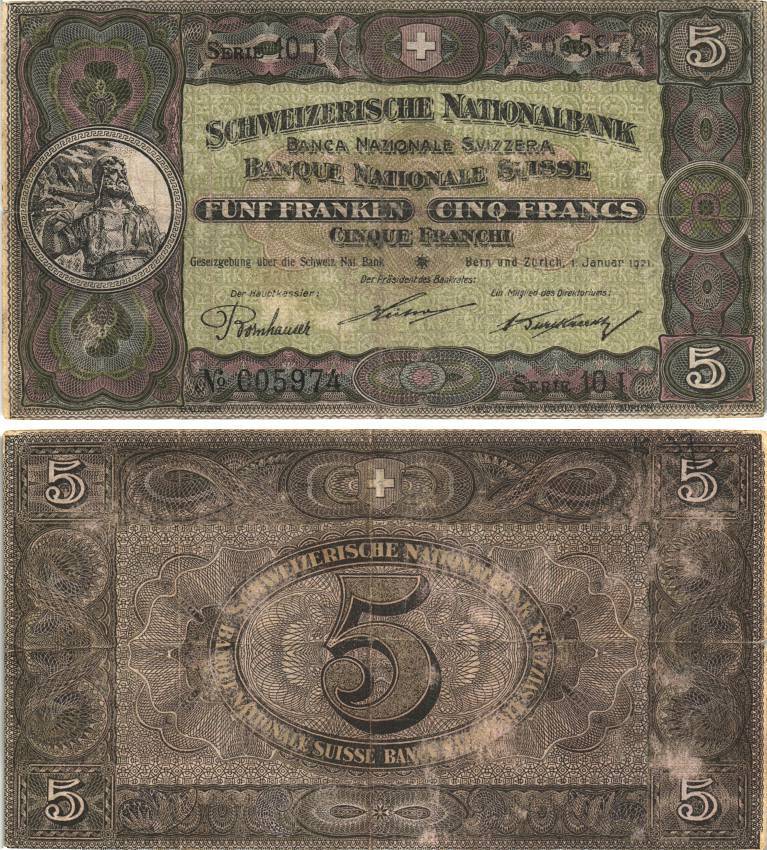 Швейцария 5 франков 1921 1 января 1921, серия 10 J Pick 11 e бумага 8606-9-2-2