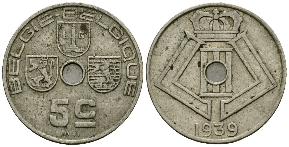 Бельгия 5 сантимов 1939 Belgie - Belgique KM 111 никель латунь 4173-631
