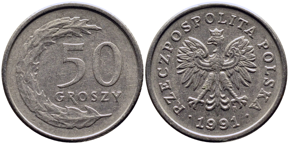 ПОЛЬША 50 ГРОШЕЙ 1991 MW KM 281 медно-никель 4381-962