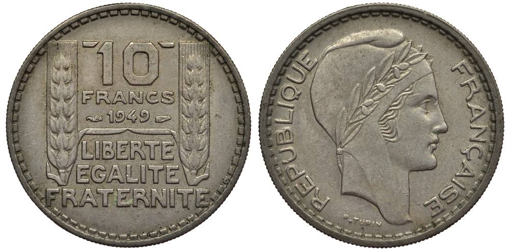 Франция 10 франков 1949 тип Пьер Турин, Petite Tete KM 909.1, LE FRANC 362.6 медно-никель 27-833