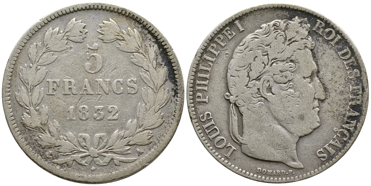 Франция 5 франков 1832 A, Луи Филипп I (1830-1848) KM 749.1 серебро 79-724
