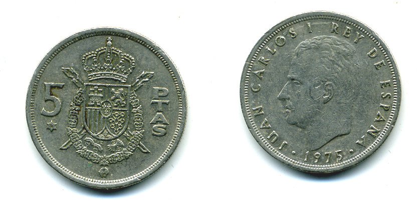 ИСПАНИЯ 5 ПЕСЕТ 1975 (76) ХУАН КАРЛОС I KM 807 медно-никель 25-2042