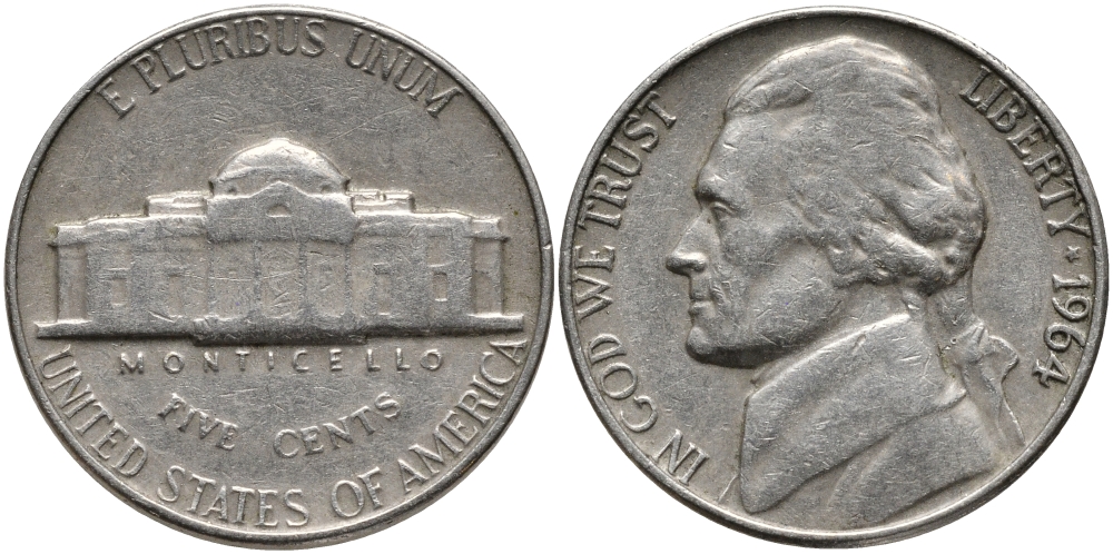 США 5 ЦЕНТОВ 1964 ДЖЕФФЕРСОН KM A192 медно-никель 4390-737