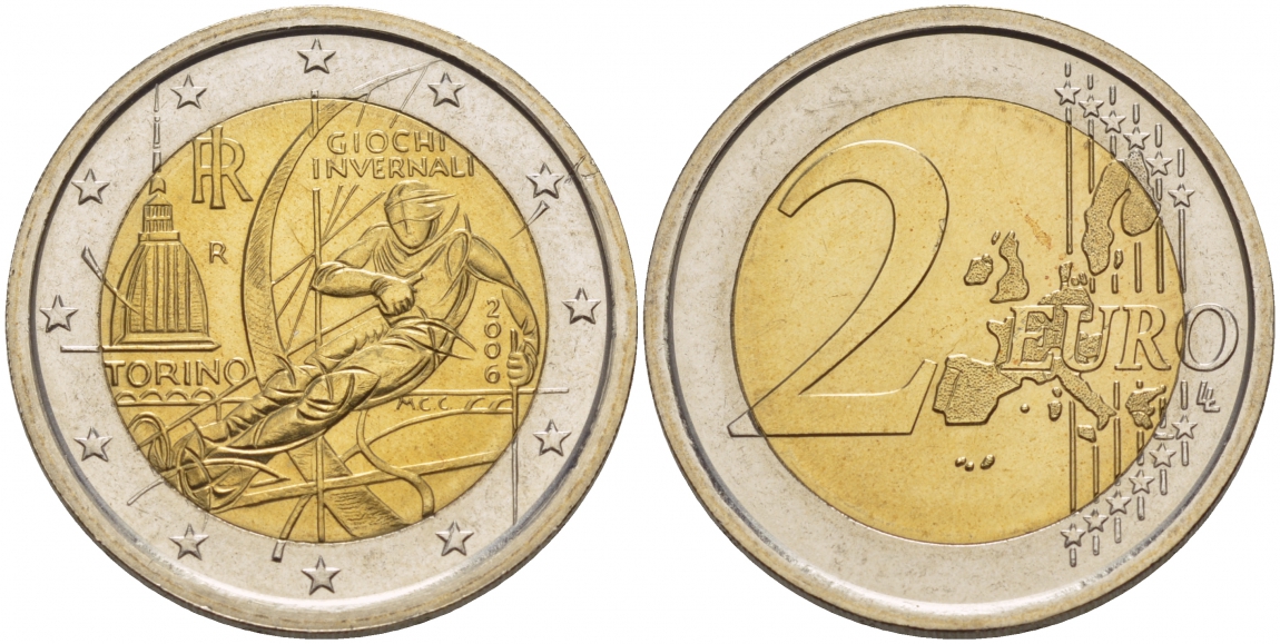 Италия 2 евро 2006 XX зимние Олимпийские игры в Турине 2006 года, лыжник KM 246 биметалл UNC 1094-6-33