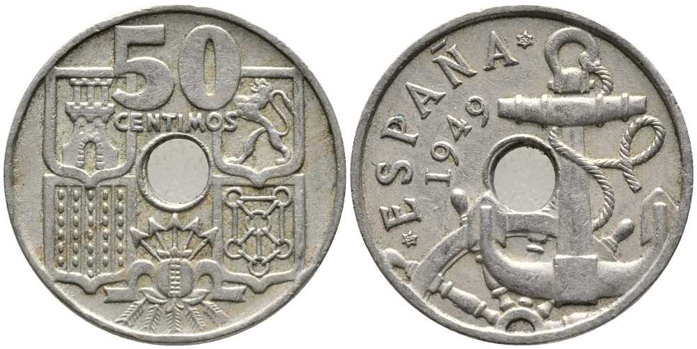 ИСПАНИЯ 50 СЕНТИМО 1949 (53) ФРАНСИСКО ФРАНКО ДИКТАТОР ИСПАНИИ (1939-1975), МОРСКАЯ АТРИБУТИКА KM 777 медно-никель 110-942