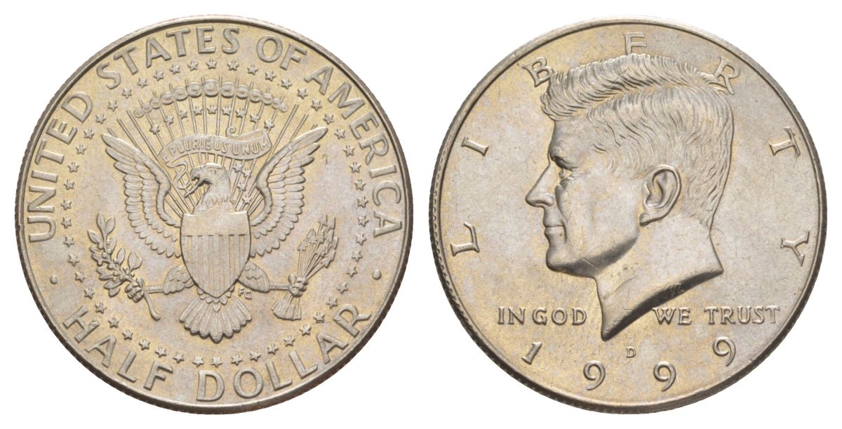 США 1/2 доллара (50 центов) 1999 D, Джон Кеннеди KM A202b медь плакированная медно-никелем aUNC 4512-1222