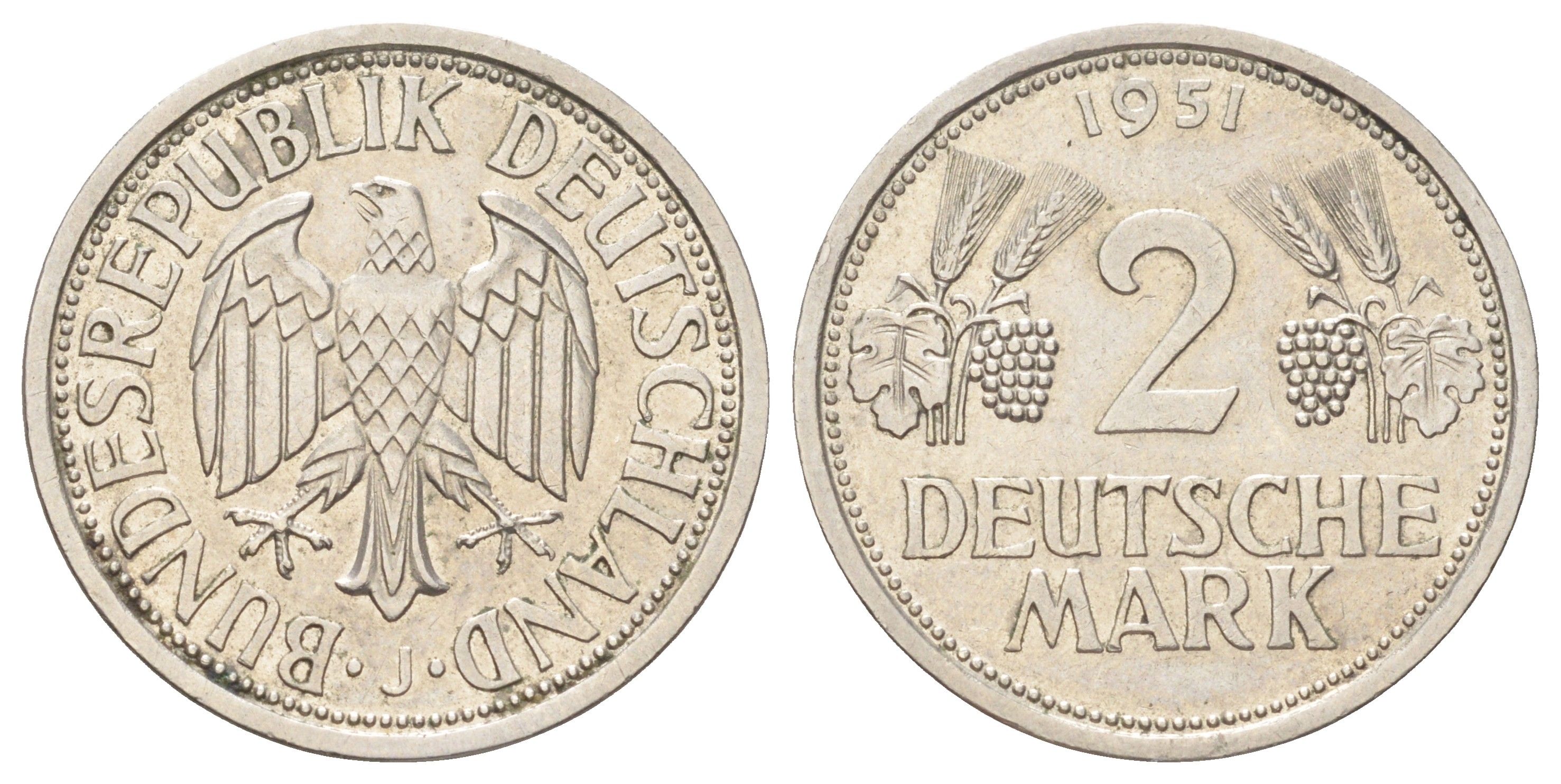 ФРГ 2 марки 1951 J, год-тип KM 111, J. 386 медно-никель 4127-1645