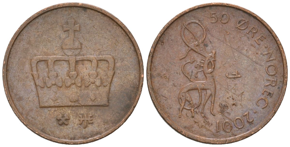 Норвегия 50 эре 2001 JJE, Харальд V (1991-) KM 460 бронза 4564-751