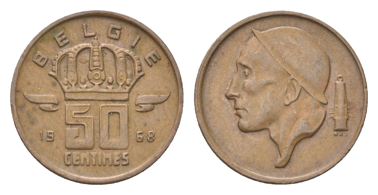 Бельгия 50 сантимов 1968 Belgie, Бодуэн I (1951-1993) KM 149 бронза 4705-261
