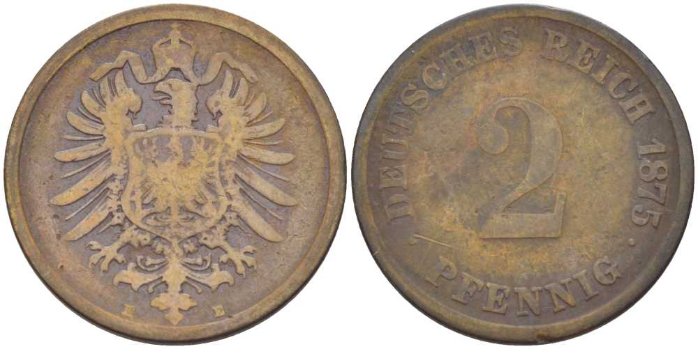 ГЕРМАНИЯ 2 ПФЕННИГА 1875 E, СТАРОГЕРБОВКА KM 2, J. 2, Weege 3 медь 212-513