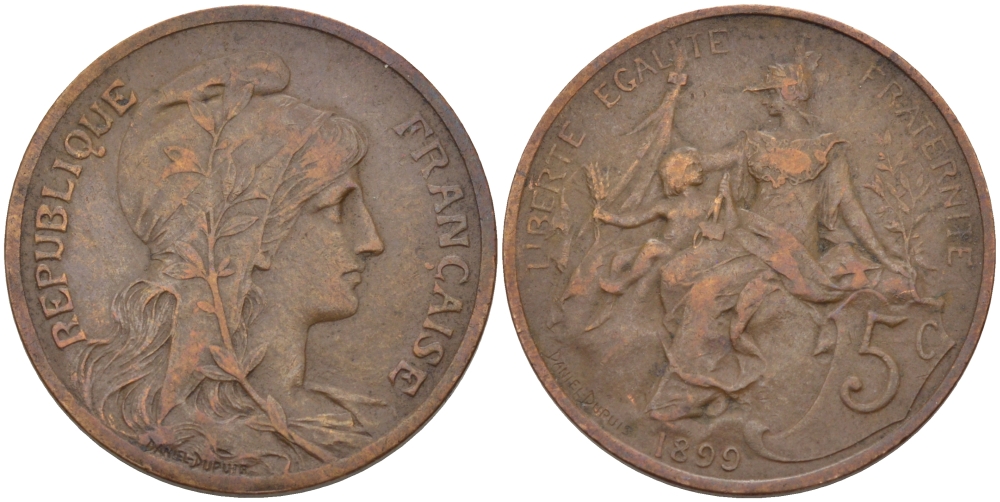 ФРАНЦИЯ 5 САНТИМОВ 1899 ТИП ДАНИЭЛЬ ДЮПЮИ KM 842, LE FRANC 119.7 бронза 28-615