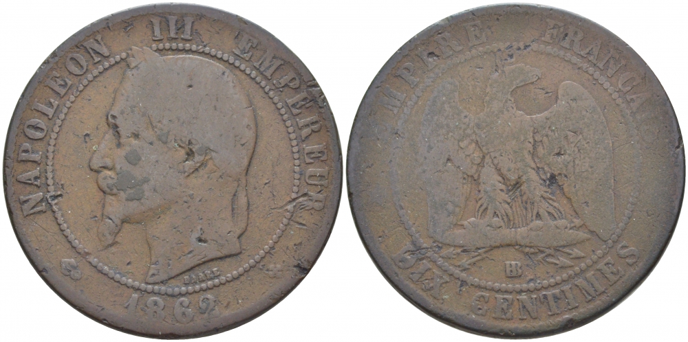 ФРАНЦИЯ 10 САНТИМОВ 1862 BB, НАПОЛЕОН III (1852-1870) KM 798.1, LA FRANC 134.6 бронза 114-1235