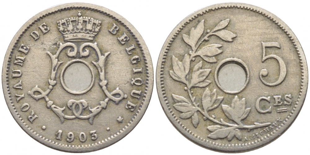 БЕЛЬГИЯ 5 САНТИМОВ 1903 BELGIQUE KM 46 медно-никель 105-1036