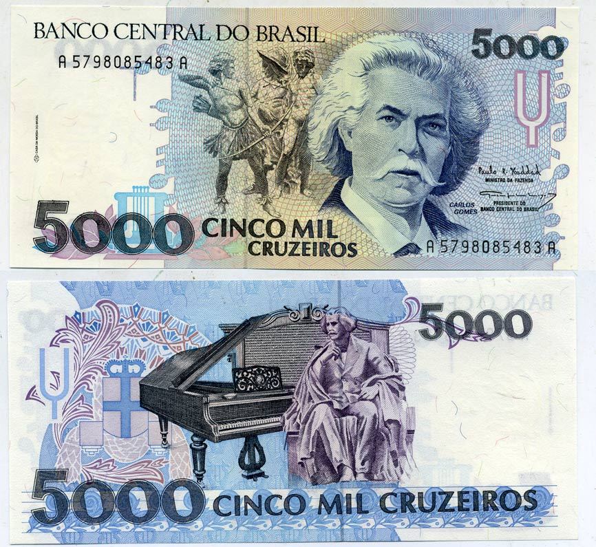 Бразилия 5000 крузейро ND (1990-1993) серия А 5798, Карлось Гомес, музыкант, рояль Pick 232с бумага UNC (пресс) 7485-6-3