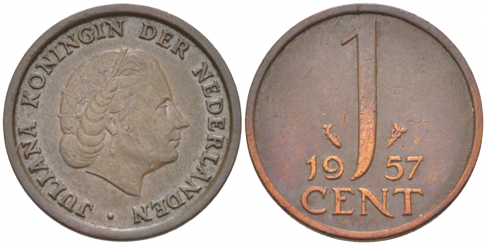 Нидерланды 1 цент 1957 Юлиана (1949-1980) KM 180 бронза 3457-1011
