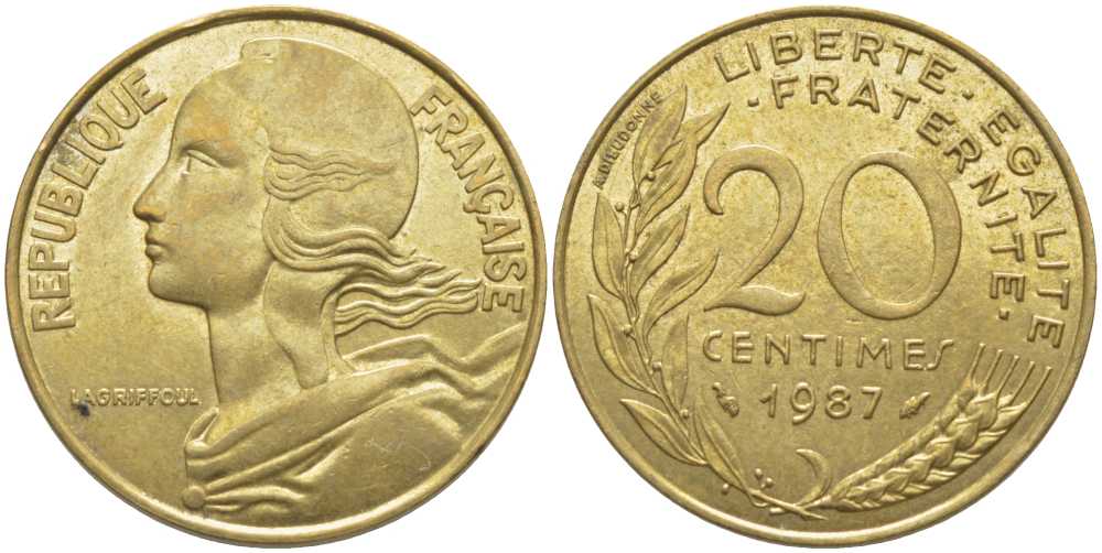 ФРАНЦИЯ 20 САНТИМОВ 1987 ТИП MARIANNE KM 930, LE FRANC 156.27 медь алюминий никель 175-855
