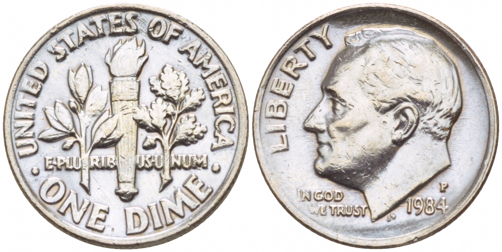 США 10 ЦЕНТОВ = 1 ДАЙМ 1984 P, РУЗВЕЛЬТ KM 195а медь плакированная медно-никелем 4547-948