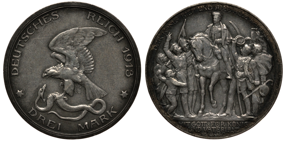 Пруссия 3 марки 1913 Вильгельм II (1888-1918), 100 лет победы над Наполеоном KM 534, J. 110 серебро 3711-1312