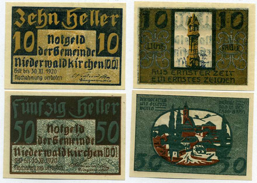 Австрия, Нидервальдкирхен набор из 2 банкнот 10 и 50 геллеров 1920 30 ноября 1920, нотгельд, ярмарочная коммуна в земле Верхняя Австрия   бумага  UNC (пресс) 7555-29-4-1
