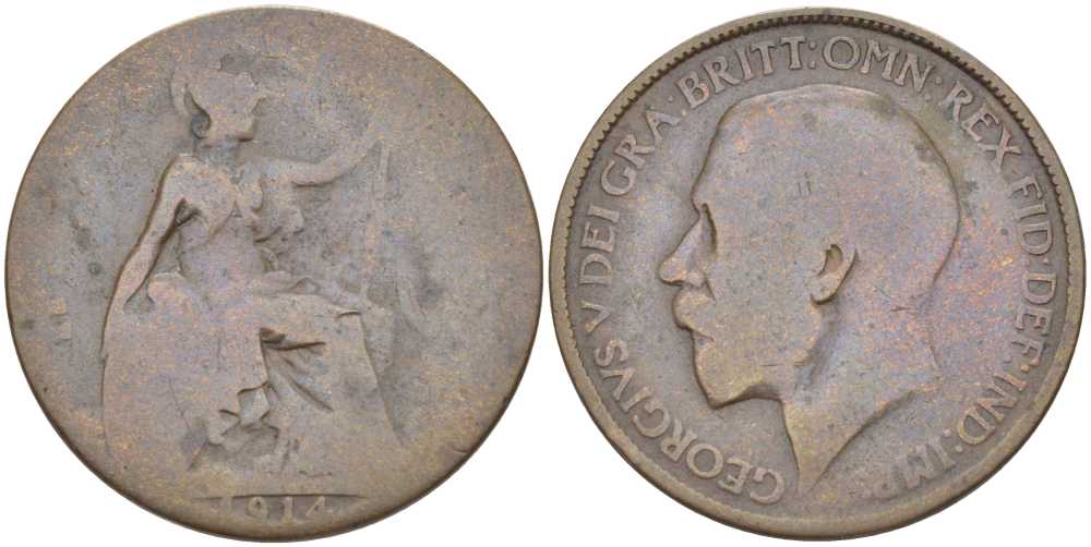 Великобритания 1/2 пенни 1914 Георг V (1910-1936) KM 809, Spink 4056 бронза 212-956