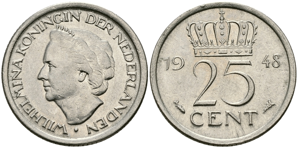 НИДЕРЛАНДЫ 25 ЦЕНТОВ 1948 ВИЛЬГЕЛЬМИНА KM 178 никель 96-117