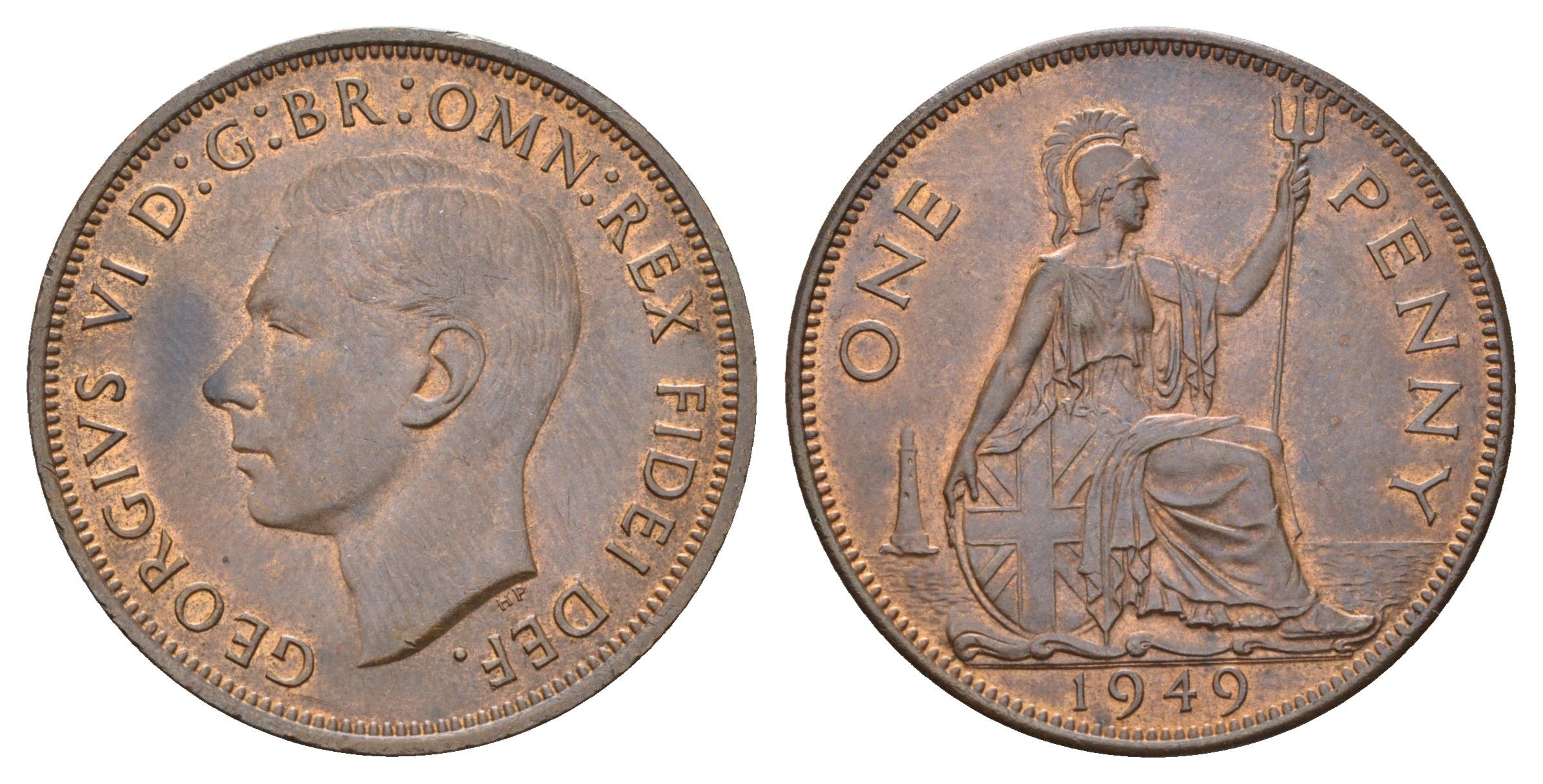 Великобритания 1 пенни 1949 Георг VI (1936-1952), редкий год KM 869, Spink 4117 бронза aUNC 1527-1412