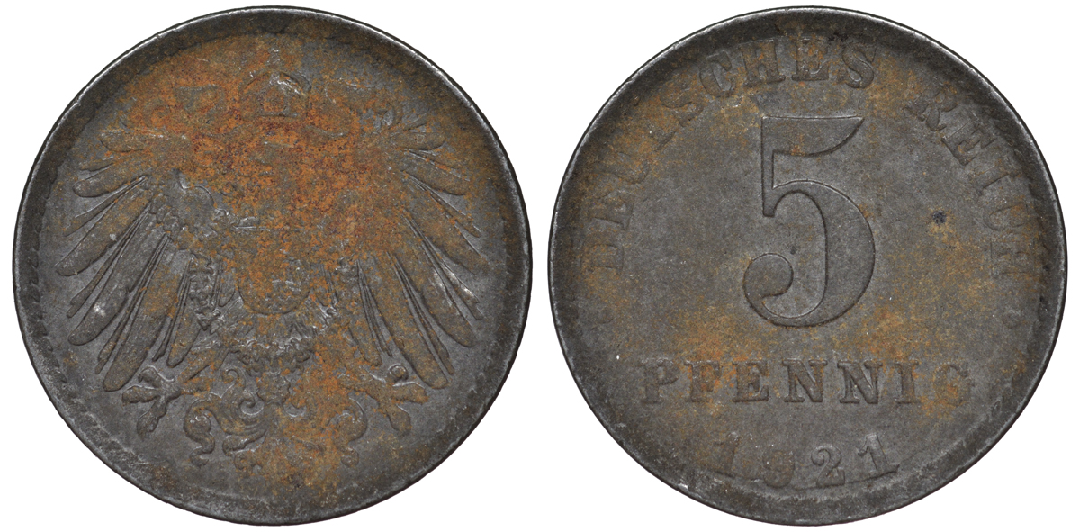 ГЕРМАНИЯ 5 ПФЕННИГОВ 1921 A KM 19, J. 297 железо 45-1218