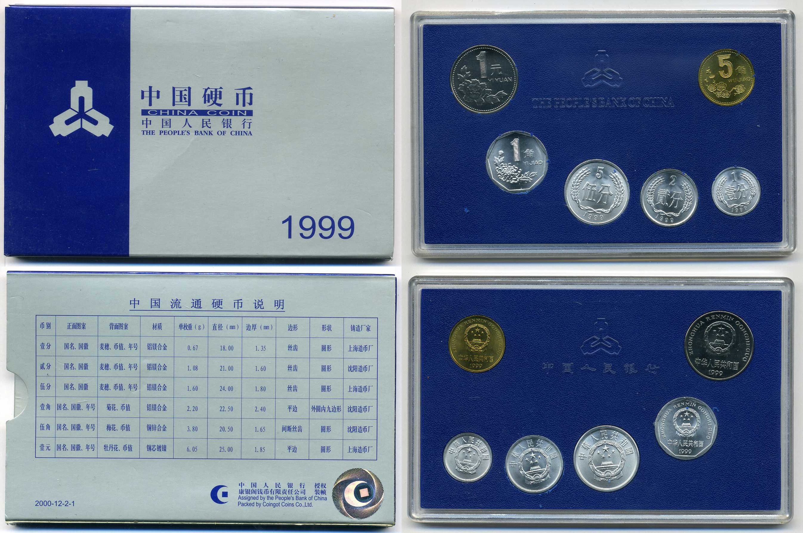 Китай официальный набор из 6 монет (1, 2 и 5 фен, 1 и 5 цзяо, 1 юань) 1999  KM MS 15   UNC  3-4-7-03