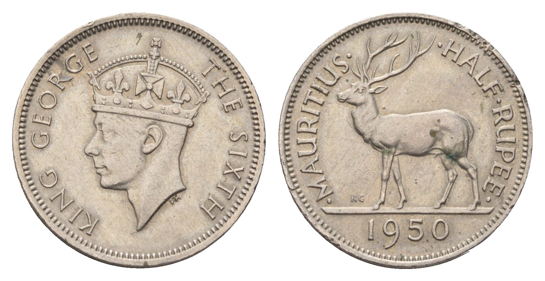 Маврикий 1/2 рупии 1950 Георг VI (1936-1952) KM 28 медно-никель 84-821