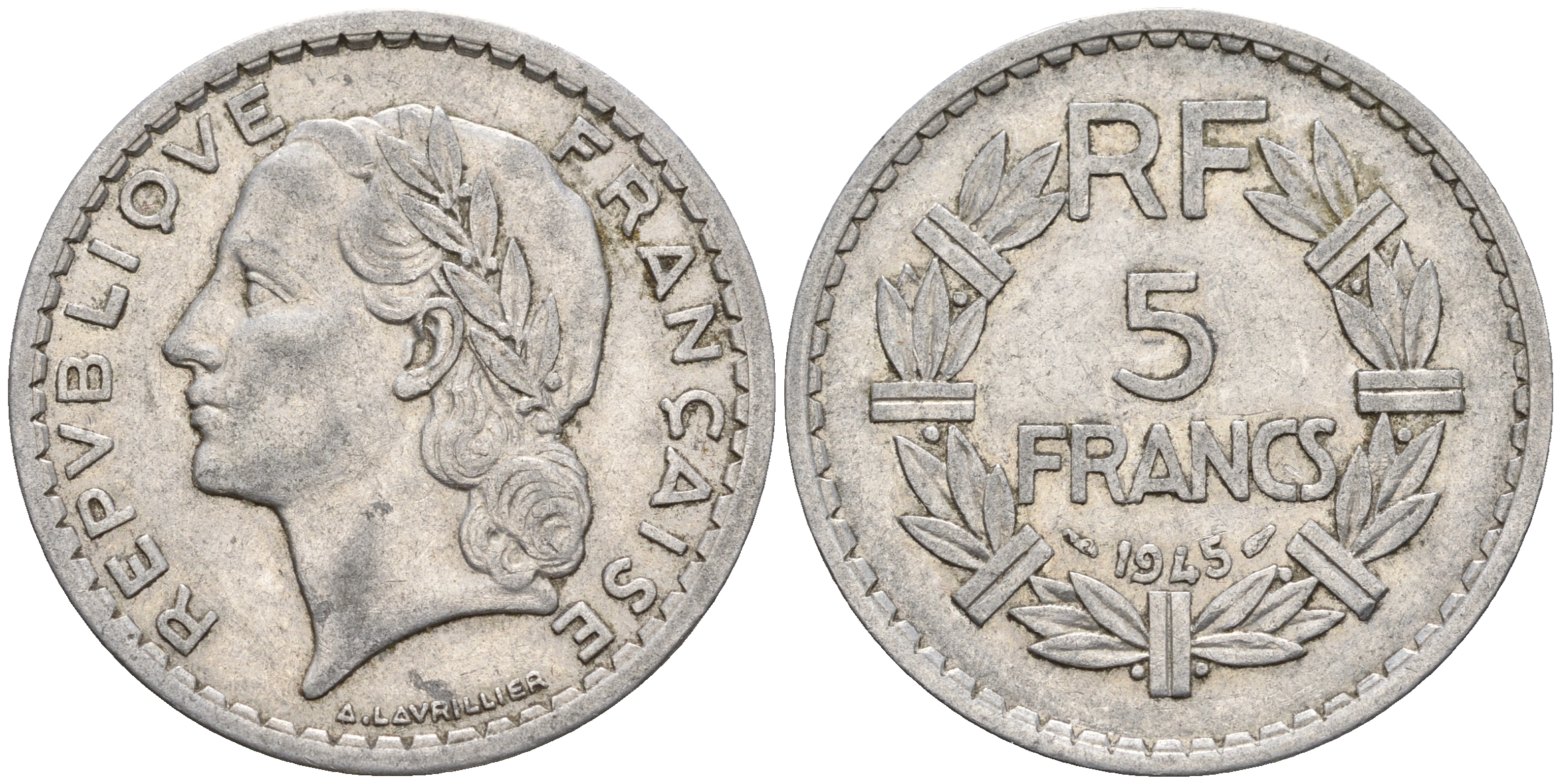 Франция 5 франков 1945 KM 888b.1, Le Franc 339.3 алюминий 221-414