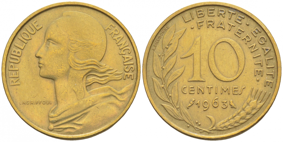 ФРАНЦИЯ 10 САНТИМОВ 1963 ТИП MARIANE KM 929, LE FRANC 144.3 алюминиевая бронза 44-964