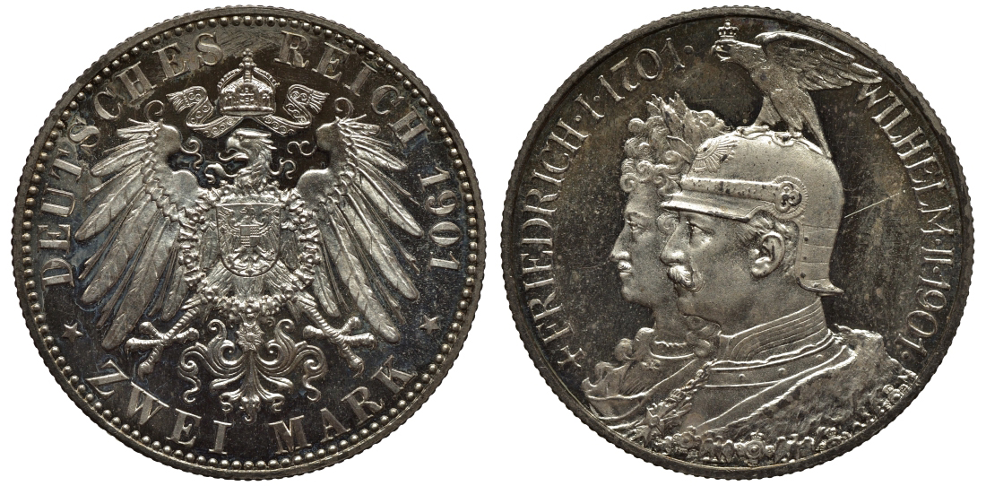 Пруссия 2 марки 1901 A, 200 лет Прусской королевской династии (Фридрих I - Вильгельм II) J.105, Weege 105, KM 525 серебро PROOF 00-816-69