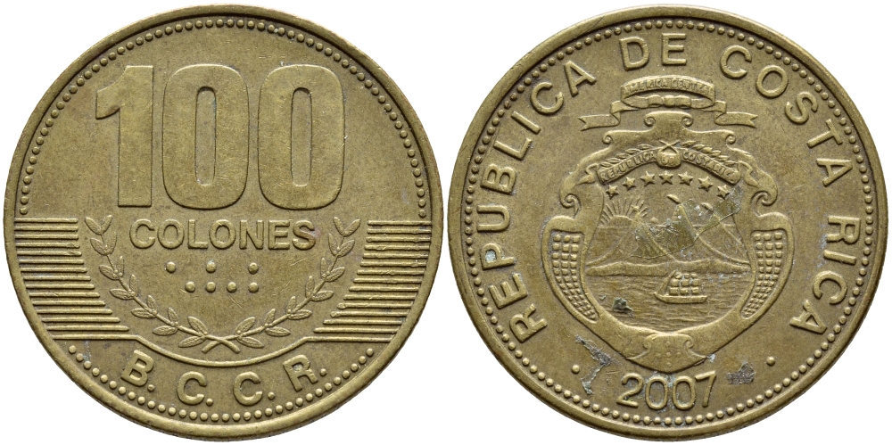КОСТА-РИКА 100 КОЛОН 2007 B.C.C.R. KM 240а сталь плакированная латунью 59-414