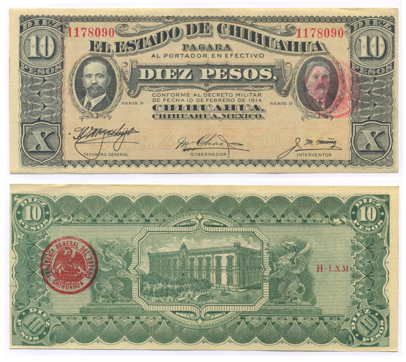 МЕКСИКА 10 ПЕСО 1914 ЧИХУАХУА, CHIHUANUA Pick S533 бумага аUNC 2192-15-1