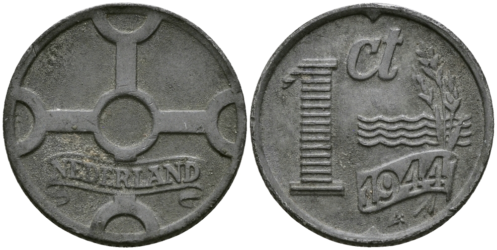 НИДЕРЛАНДЫ 1 ЦЕНТ 1944 ВИЛЬГЕЛЬМИНА (1890-1948) KM 170 цинк 176-719