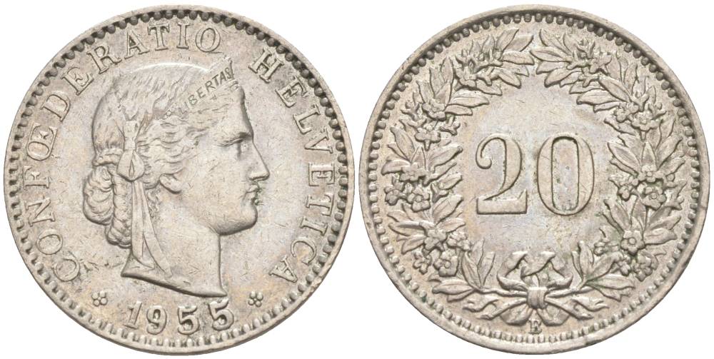 ШВЕЙЦАРИЯ 20 РАППЕНОВ 1955 В KM 29a медно-никель 55-734