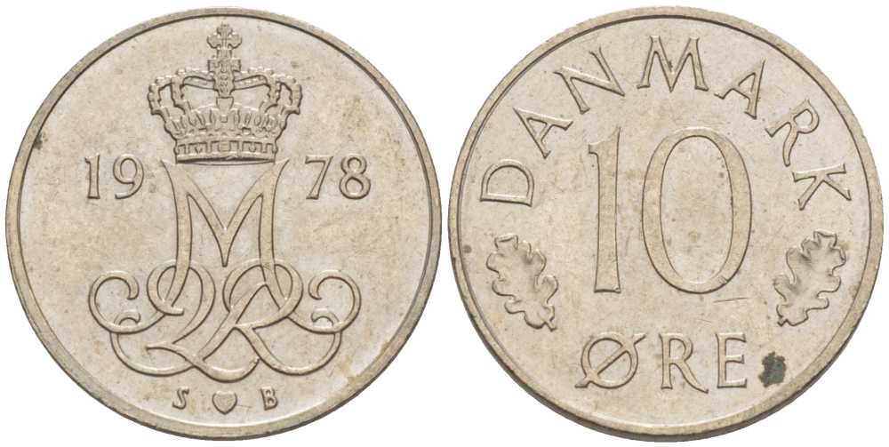 ДАНИЯ 10 ЭРЕ 1978 S; B, МАРГРЕТЕ II (1972-) KM 860.1 медно-никель 4387-1223