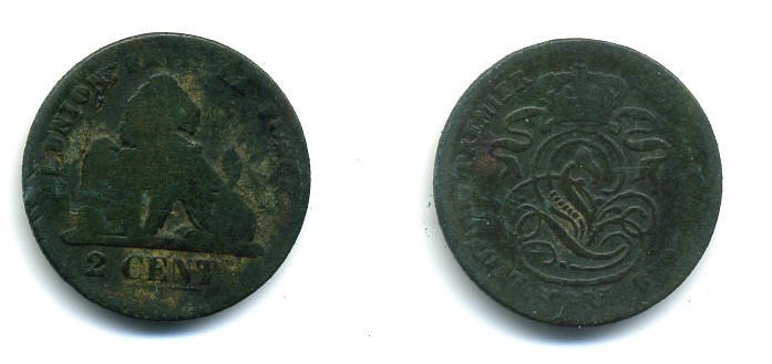 БЕЛЬГИЯ 2 САНТИМА 1865 BELGES KM 4.2 медь 84-231