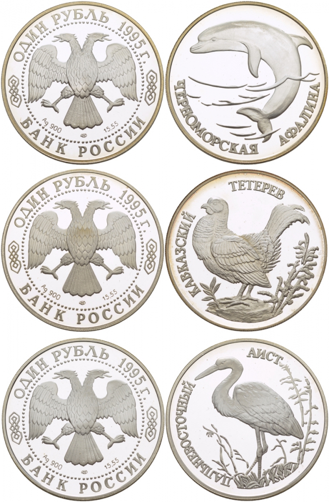 РОССИЯ 1 РУБЛЬ 1995 НАБОР ИЗ 3 МОНЕТ, КРАСНАЯ КНИГА, КАВКАЗСКИЙ ТЕТЕРЕВ, ДАЛЬНЕВОСТОЧНЫЙ АИСТ, ЧЕРНОМОРСКАЯ АФАЛИНА KM 446, 447, 448 серебро PROOF 00-00