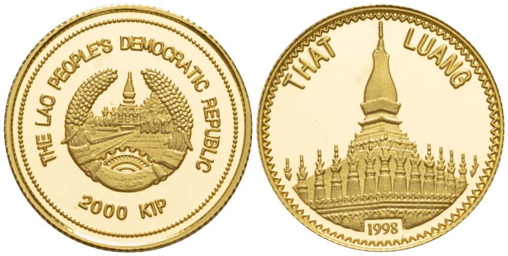 Лаос 2000 кипов 1998 Тхат-Луанг, древняя столицы Лаоса KM 68 золото PROOF 02-117-36