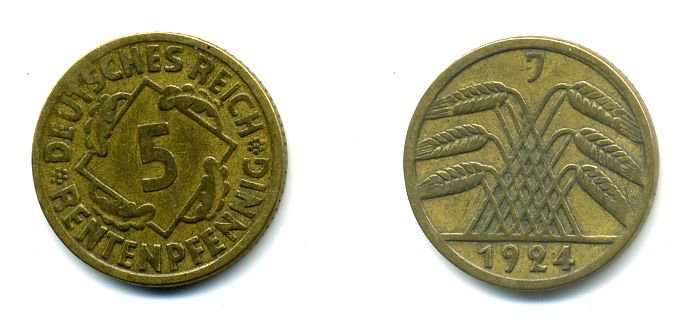 ГЕРМАНИЯ 5 РЕНТПФЕННИГОВ 1924 J J. 308, KM 32 алюминиевая бронза 46-2068