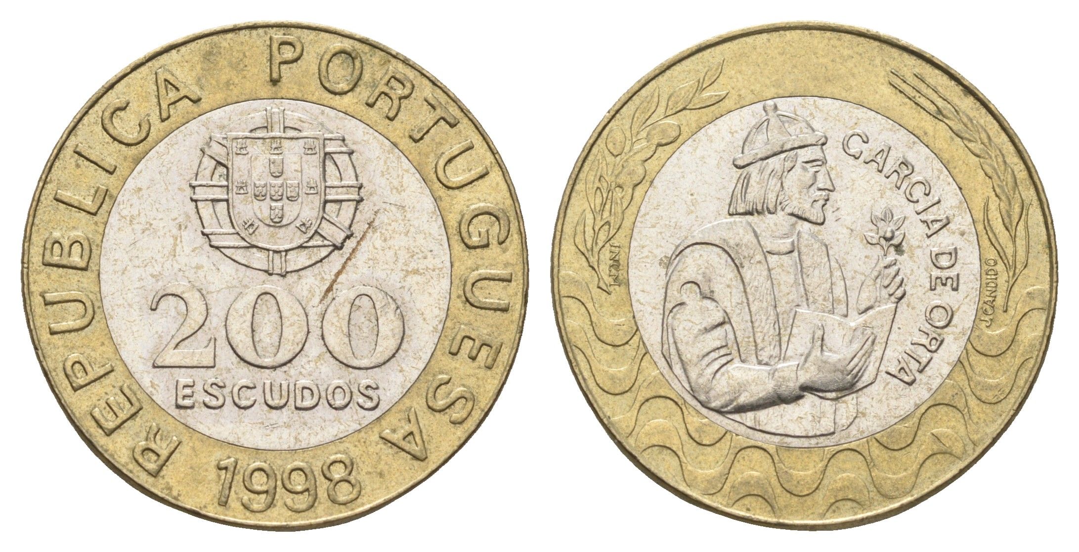 Португалия 200 эскудо 1998 Педру Нуниш (1502-1578), математик KM 645 биметалл  aUNC  4660-336